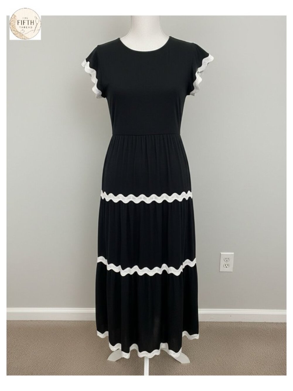 Smocked Flowy Midi Dress Short Flutter Sleeves Rickrack Trim - Picture 1 of 3